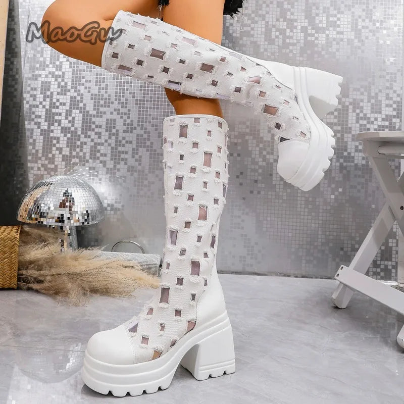 British Style Hollow Long Knee-High Boots