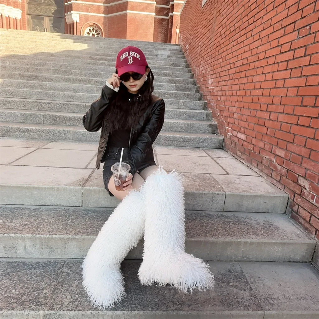 Luxury Winter Faux Mongolian Fur Knee High Boots