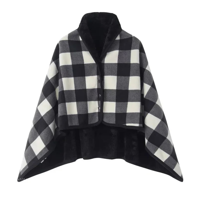 Winter Wearable Plaid Shawl Blanket with Button Warm