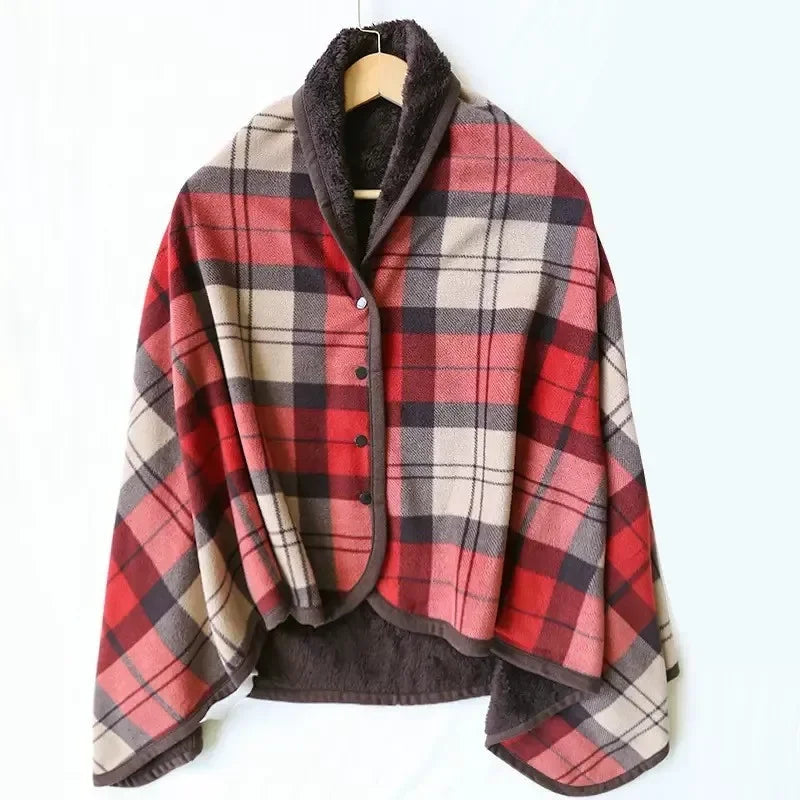 Winter Wearable Plaid Shawl Blanket with Button Warm