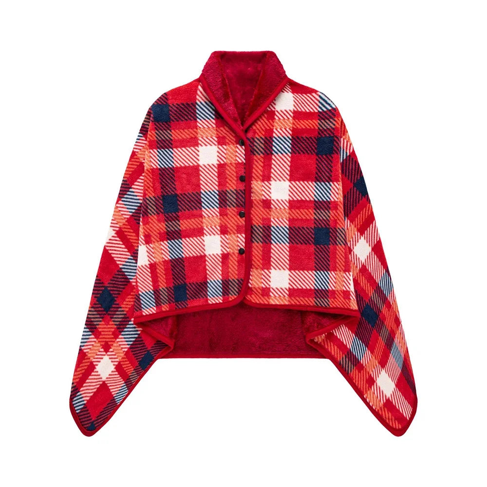 Winter Wearable Plaid Shawl Blanket with Button Warm