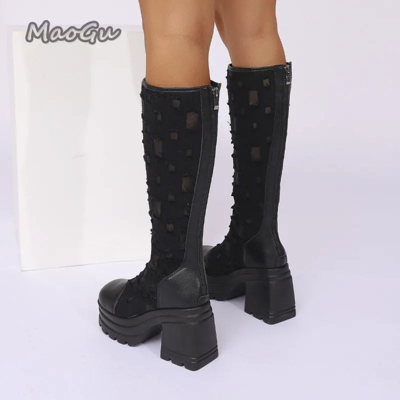 British Style Hollow Long Knee-High Boots