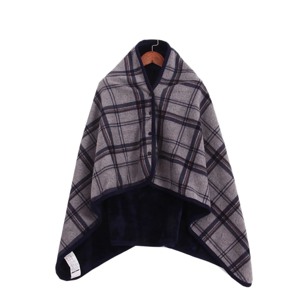 Winter Wearable Plaid Shawl Blanket with Button Warm