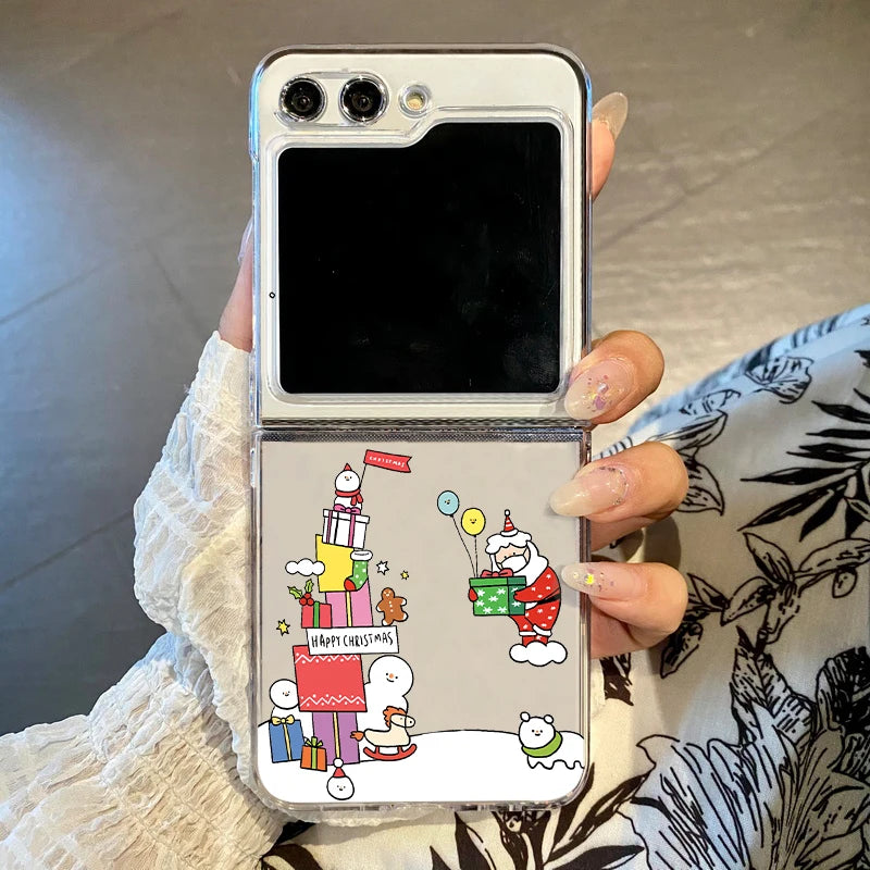 Merry Christmas Cartoon Pattern Clear Phone Case For Samsung Galaxy Z Flip 7 6 5 4 3 5G Folding Hard PC Cover For Samsung ZFlip6