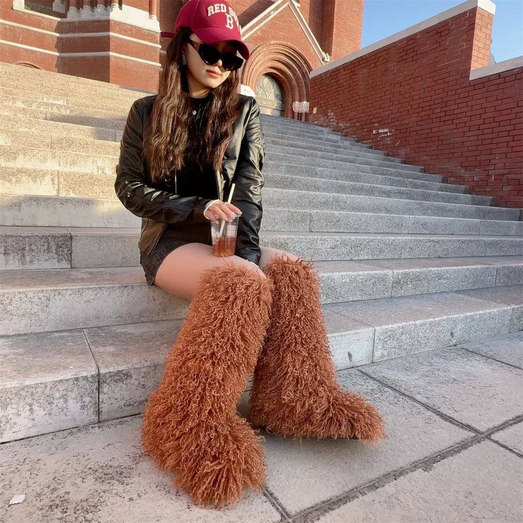 Luxury Winter Faux Mongolian Fur Knee High Boots