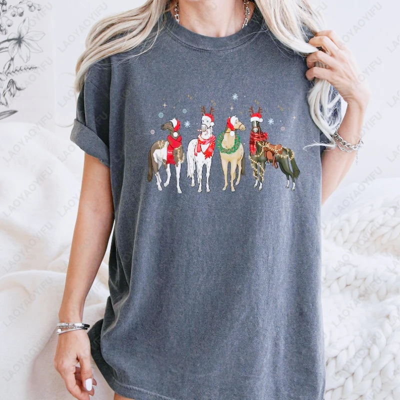 Christmas Horse Lover T-shirt Gift Women High Quality