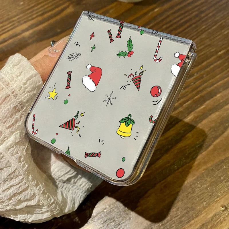 Merry Christmas Cartoon Pattern Clear Phone Case For Samsung Galaxy Z Flip 7 6 5 4 3 5G Folding Hard PC Cover For Samsung ZFlip6