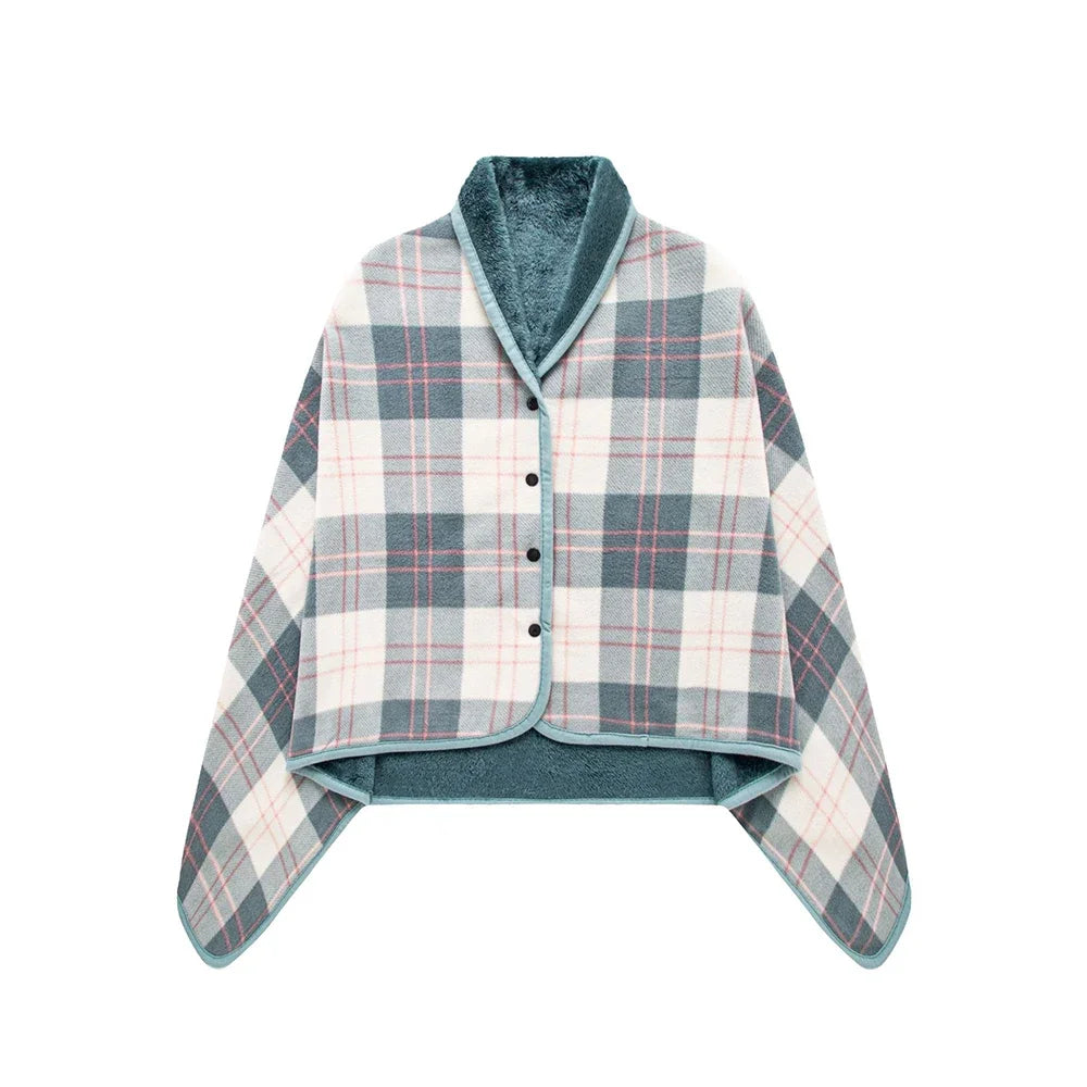 Winter Wearable Plaid Shawl Blanket with Button Warm