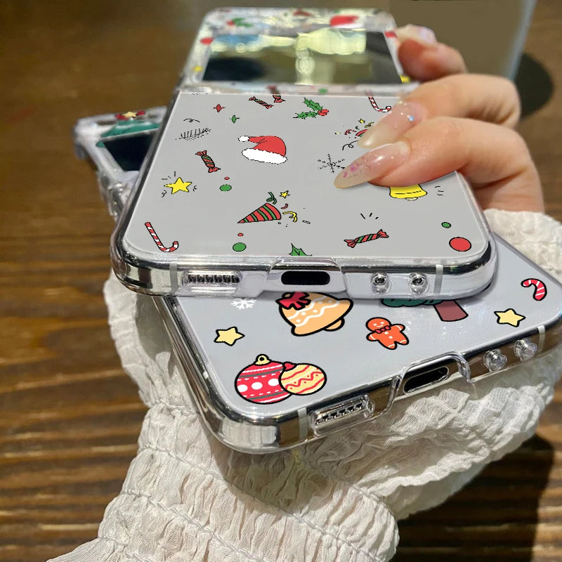 Merry Christmas Cartoon Pattern Clear Phone Case For Samsung Galaxy Z Flip 7 6 5 4 3 5G Folding Hard PC Cover For Samsung ZFlip6