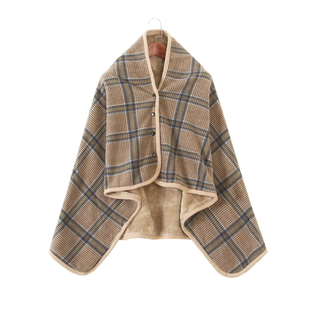 Winter Wearable Plaid Shawl Blanket with Button Warm