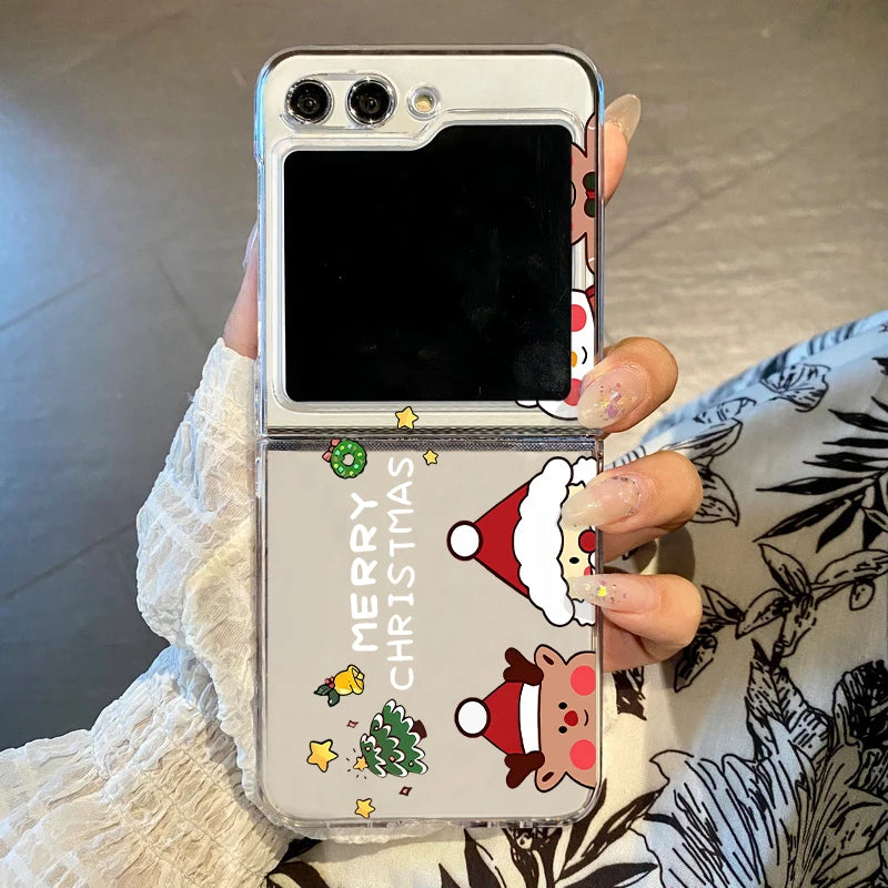 Merry Christmas Cartoon Pattern Clear Phone Case For Samsung Galaxy Z Flip 7 6 5 4 3 5G Folding Hard PC Cover For Samsung ZFlip6