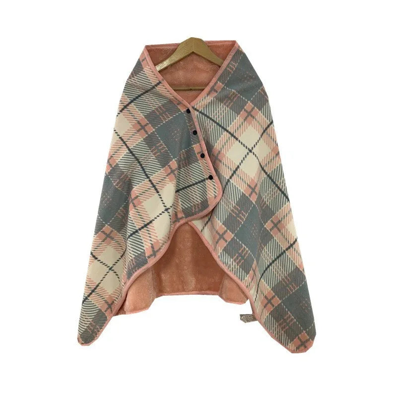 Winter Wearable Plaid Shawl Blanket with Button Warm