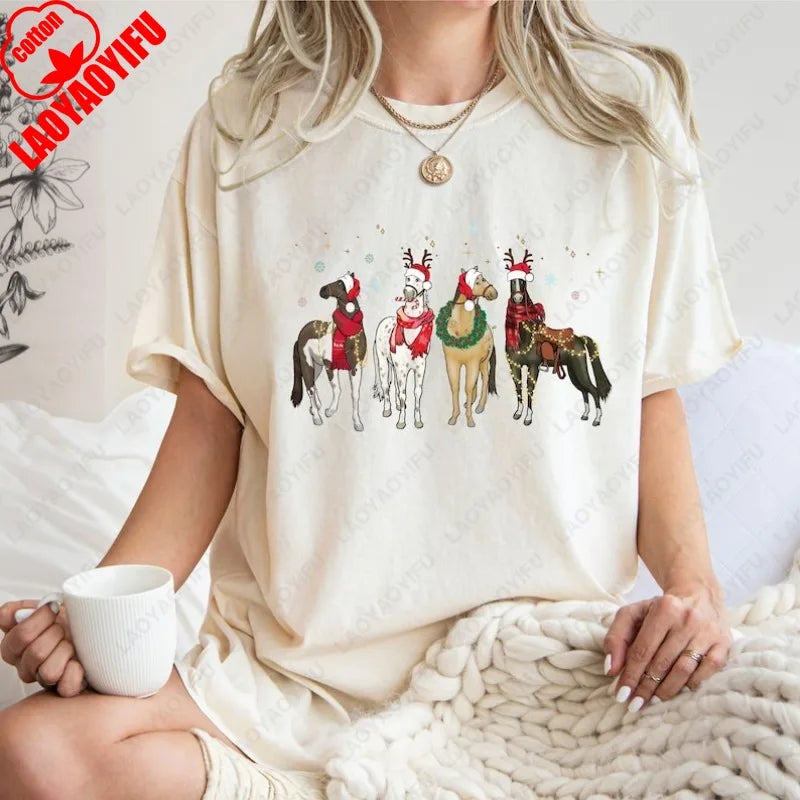 Christmas Horse Lover T-shirt Gift Women High Quality