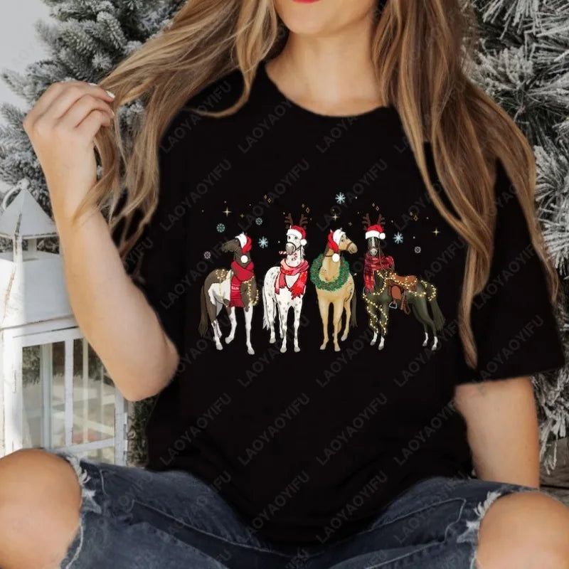 Christmas Horse Lover T-shirt Gift Women High Quality