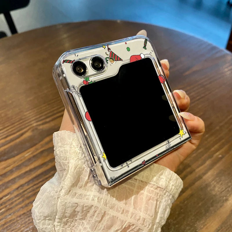 Merry Christmas Cartoon Pattern Clear Phone Case For Samsung Galaxy Z Flip 7 6 5 4 3 5G Folding Hard PC Cover For Samsung ZFlip6