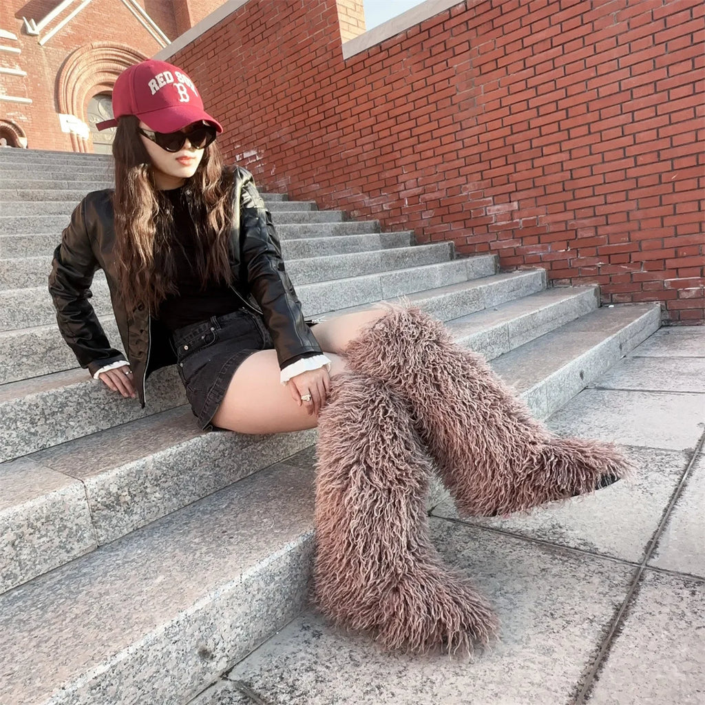 Luxury Winter Faux Mongolian Fur Knee High Boots