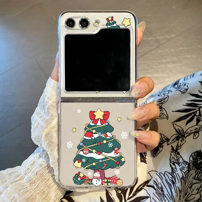 Merry Christmas Cartoon Pattern Clear Phone Case For Samsung Galaxy Z Flip 7 6 5 4 3 5G Folding Hard PC Cover For Samsung ZFlip6