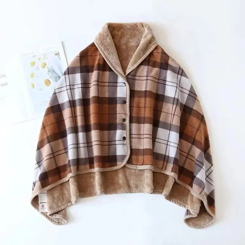 Winter Wearable Plaid Shawl Blanket with Button Warm
