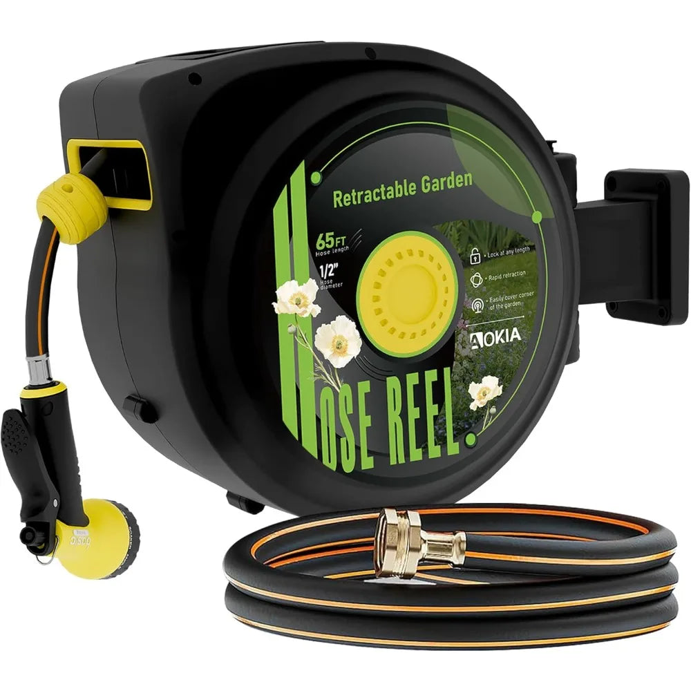 Retractable Garden Hose Reel, 65 ft x 1/2 inch Garden Hose