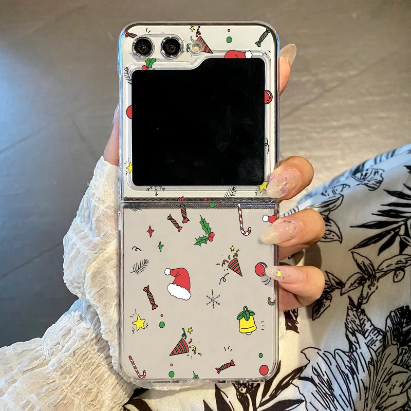 Merry Christmas Cartoon Pattern Clear Phone Case For Samsung Galaxy Z Flip 7 6 5 4 3 5G Folding Hard PC Cover For Samsung ZFlip6