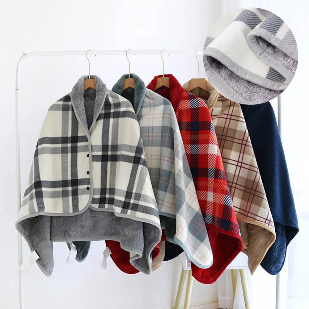 Winter Wearable Plaid Shawl Blanket with Button Warm