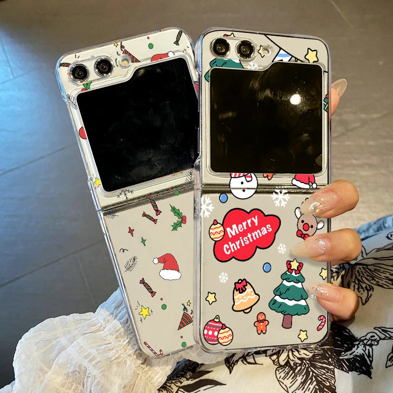 Merry Christmas Cartoon Pattern Clear Phone Case For Samsung Galaxy Z Flip 7 6 5 4 3 5G Folding Hard PC Cover For Samsung ZFlip6
