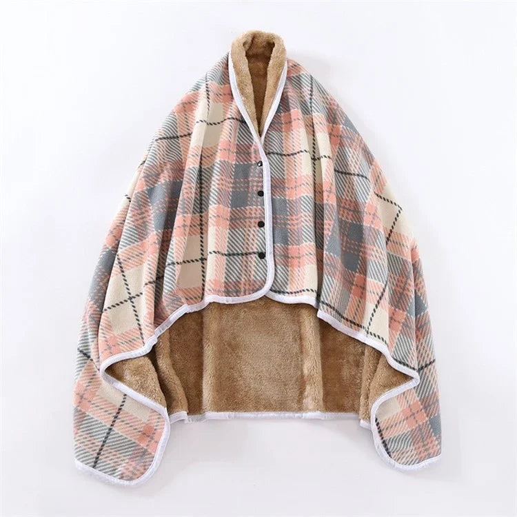 Winter Wearable Plaid Shawl Blanket with Button Warm