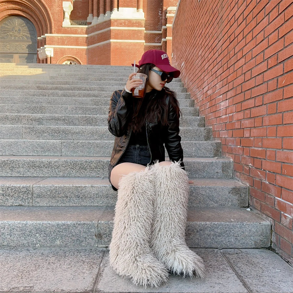 Luxury Winter Faux Mongolian Fur Knee High Boots