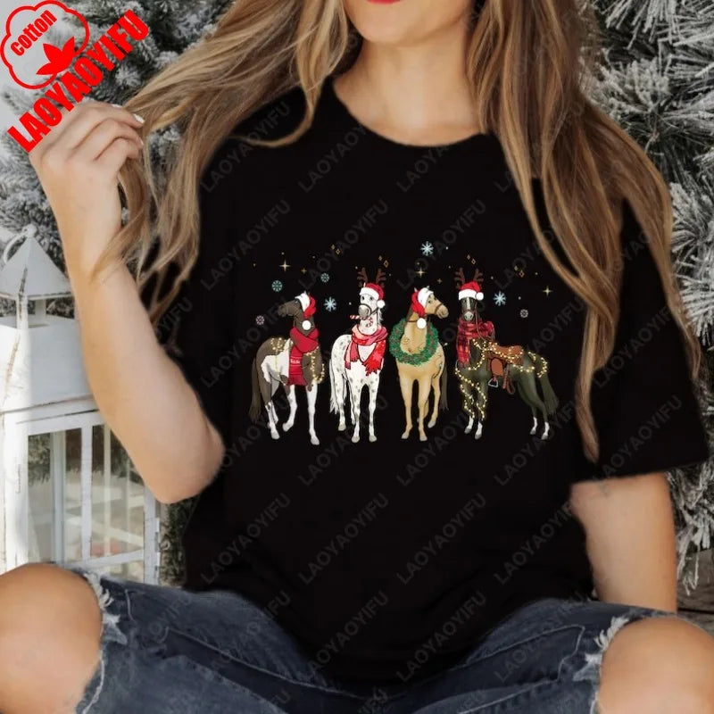 Christmas Horse Lover T-shirt Gift Women High Quality