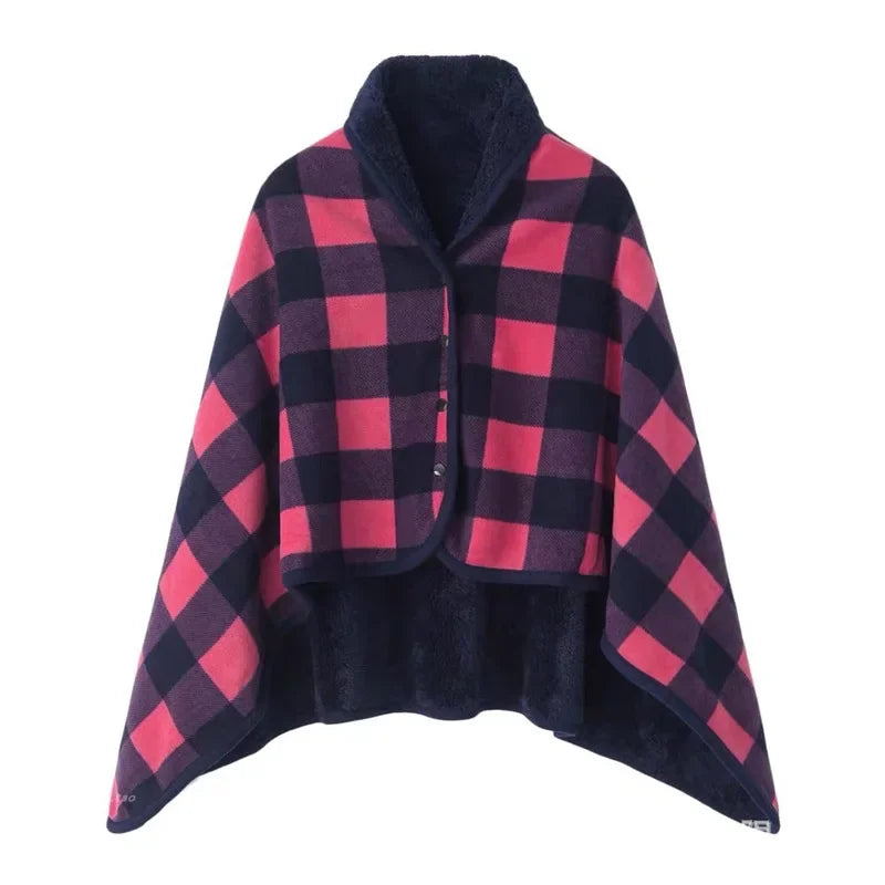 Winter Wearable Plaid Shawl Blanket with Button Warm