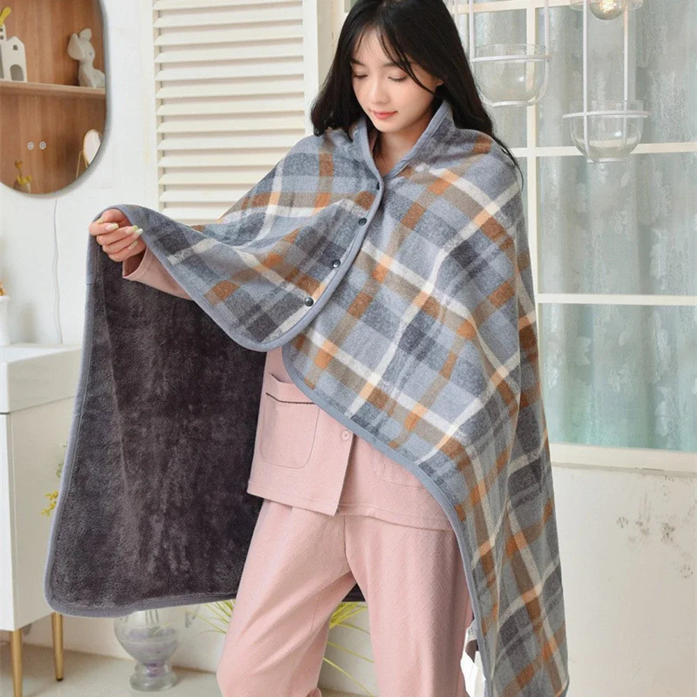 Winter Wearable Plaid Shawl Blanket with Button Warm