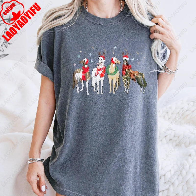 Christmas Horse Lover T-shirt Gift Women High Quality