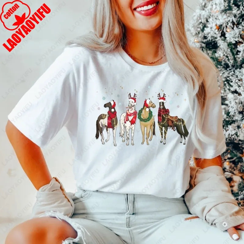 Christmas Horse Lover T-shirt Gift Women High Quality