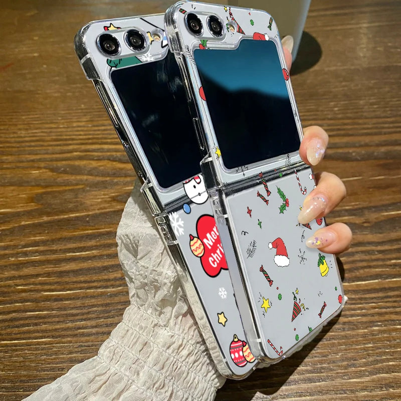 Merry Christmas Cartoon Pattern Clear Phone Case For Samsung Galaxy Z Flip 7 6 5 4 3 5G Folding Hard PC Cover For Samsung ZFlip6