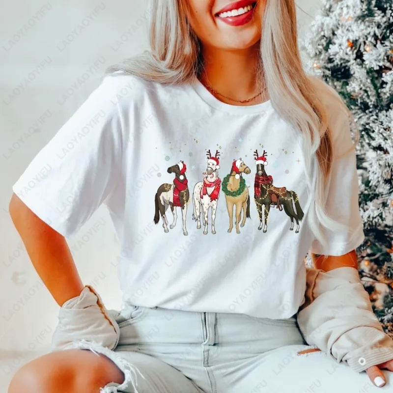 Christmas Horse Lover T-shirt Gift Women High Quality